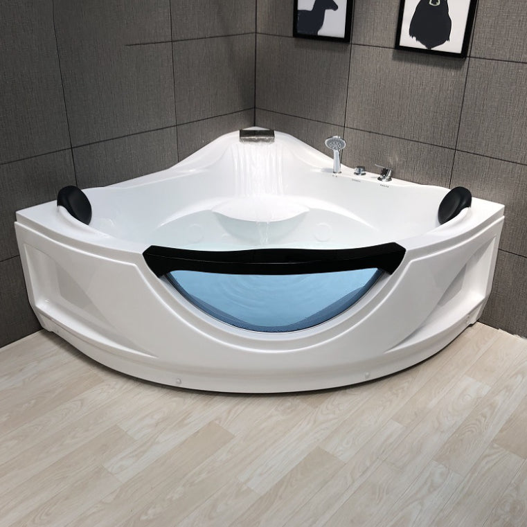 Modern Corner Bathtub Acrylic Soaking White Back to Wall Bathtub 53"L x 53"W x 28"H Massage Not Included Tub with Silver 5-Piece Set Clearhalo 'Bathroom Remodel & Bathroom Fixtures' 'Bathtubs' 'Home Improvement' 'home_improvement' 'home_improvement_bathtubs' 'Showers & Bathtubs' 7056225