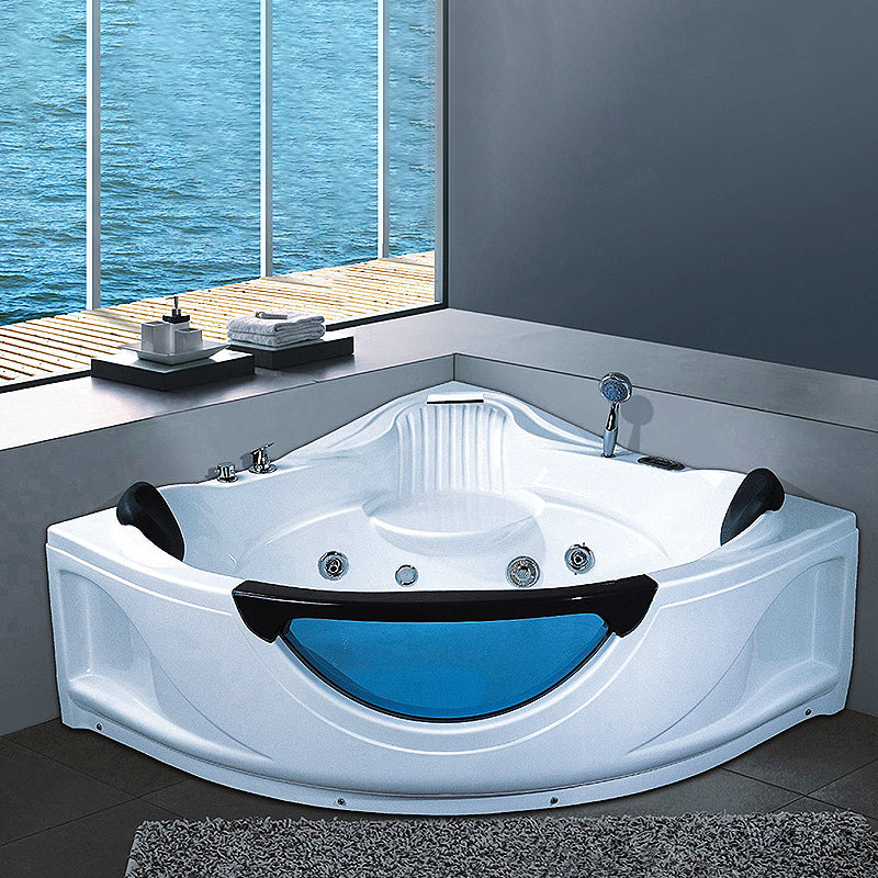 Modern Corner Bathtub Acrylic Soaking White Back to Wall Bathtub Massage Tub with Silver 5-Piece Set Clearhalo 'Bathroom Remodel & Bathroom Fixtures' 'Bathtubs' 'Home Improvement' 'home_improvement' 'home_improvement_bathtubs' 'Showers & Bathtubs' 7056227