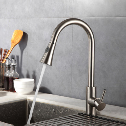 1-Hole Kitchen Faucet Stainless Steel Pull down Sprayer Kitchen Faucet Nickel Clearhalo 'Home Improvement' 'home_improvement' 'home_improvement_kitchen_faucets' 'Kitchen Faucets' 'Kitchen Remodel & Kitchen Fixtures' 'Kitchen Sinks & Faucet Components' 'kitchen_faucets' 7063059