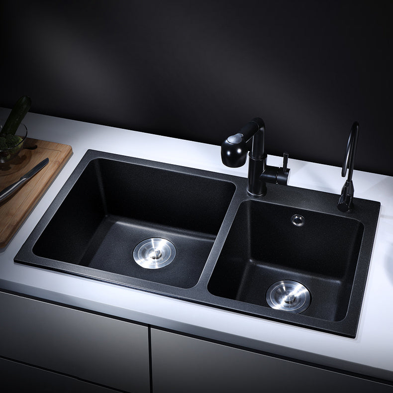 Modern Quartz Kitchen Double Basin Overflow Hole Sink Kitchen Sink in Black Clearhalo 'Home Improvement' 'home_improvement' 'home_improvement_kitchen_sinks' 'Kitchen Remodel & Kitchen Fixtures' 'Kitchen Sinks & Faucet Components' 'Kitchen Sinks' 'kitchen_sinks' 7063334