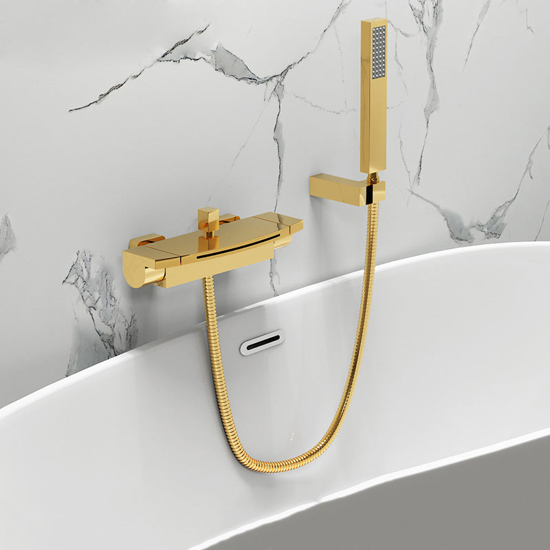 Contemporary Metal Bathtub Faucet Double-Handle Bathroom Faucet Gold Single Pattern Clearhalo 'Bathroom Remodel & Bathroom Fixtures' 'Bathtub Faucets' 'bathtub_faucets' 'Home Improvement' 'home_improvement' 'home_improvement_bathtub_faucets' 7063869