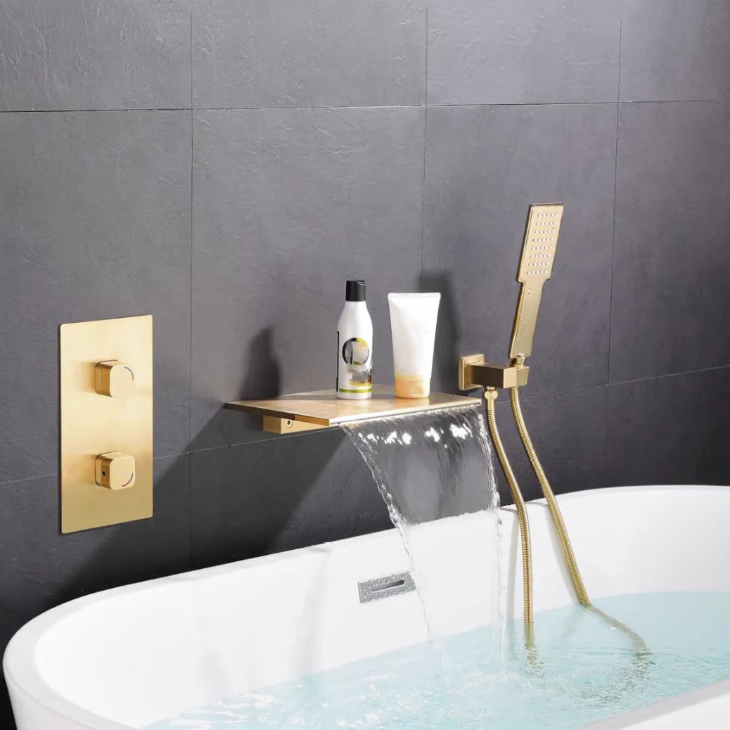 Waterfall Spout Tub Faucet Trim Metal Knob Handle Bathtub Faucet Gold Knob Handles Hand Shower Included Clearhalo 'Bathroom Remodel & Bathroom Fixtures' 'Bathtub Faucets' 'bathtub_faucets' 'Home Improvement' 'home_improvement' 'home_improvement_bathtub_faucets' 7063992