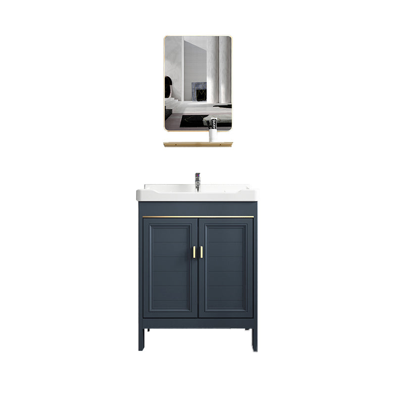 Blue Vanity Freestanding Rectangular Single Sink Mirror Metal Frame Vanity with 2 Doors Vanity & Faucet & Square Mirror 23.6"L x 15.7"W x 31.1"H Clearhalo 'Bathroom Remodel & Bathroom Fixtures' 'Bathroom Vanities' 'bathroom_vanities' 'Home Improvement' 'home_improvement' 'home_improvement_bathroom_vanities' 7064018