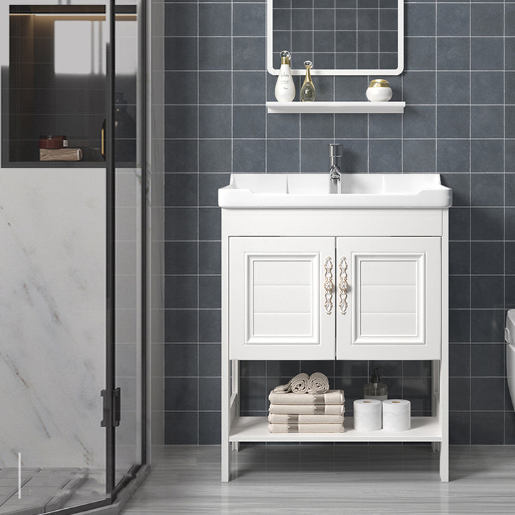 Freestanding Vanity White Shelving Included Rectangular Single Sink Vanity with Mirror Clearhalo 'Bathroom Remodel & Bathroom Fixtures' 'Bathroom Vanities' 'bathroom_vanities' 'Home Improvement' 'home_improvement' 'home_improvement_bathroom_vanities' 7064193