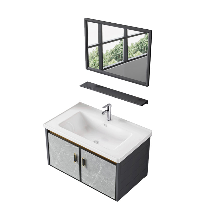 Single Sink Vanity Rectangular Modern Wall Mount Mirror Bathroom Vanity with 2 Doors Vanity & Faucet & Mirrors 31"L x 19"W x 17"H Ceramic Clearhalo 'Bathroom Remodel & Bathroom Fixtures' 'Bathroom Vanities' 'bathroom_vanities' 'Home Improvement' 'home_improvement' 'home_improvement_bathroom_vanities' 7064238