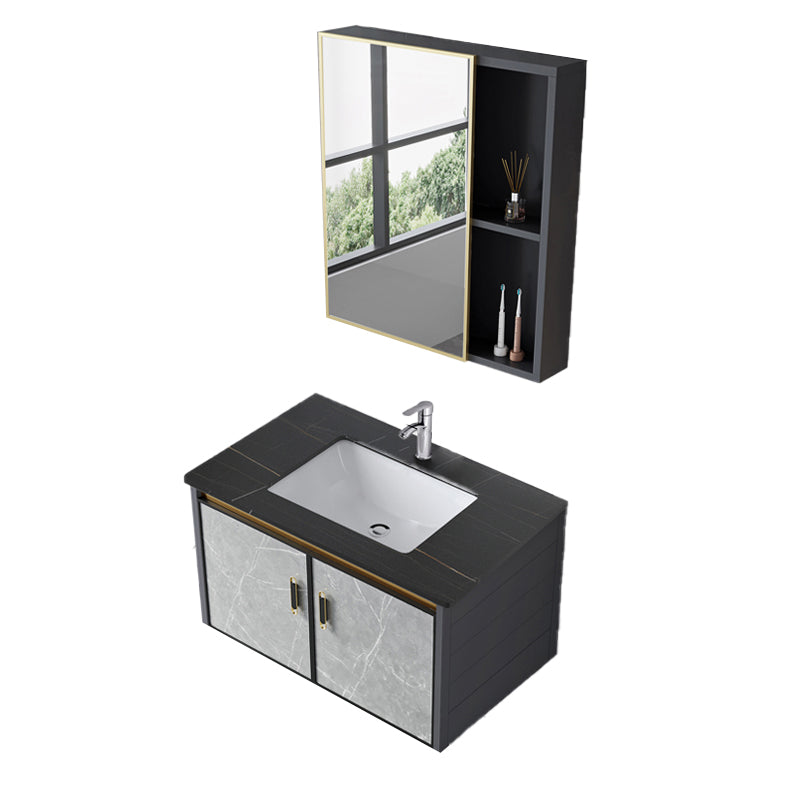 Single Sink Vanity Rectangular Modern Wall Mount Mirror Bathroom Vanity with 2 Doors Vanity & Faucet & Mirror Cabinet Stone Clearhalo 'Bathroom Remodel & Bathroom Fixtures' 'Bathroom Vanities' 'bathroom_vanities' 'Home Improvement' 'home_improvement' 'home_improvement_bathroom_vanities' 7064248