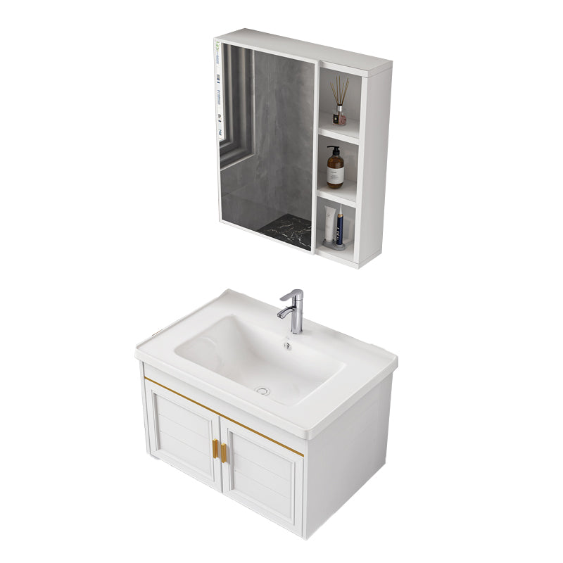 2 Doors Bath Vanity White Mirror Rectangular Single Sink Wall-Mounted Bathroom Vanity Vanity & Faucet & Mirror Cabinet Ceramic Clearhalo 'Bathroom Remodel & Bathroom Fixtures' 'Bathroom Vanities' 'bathroom_vanities' 'Home Improvement' 'home_improvement' 'home_improvement_bathroom_vanities' 7064290