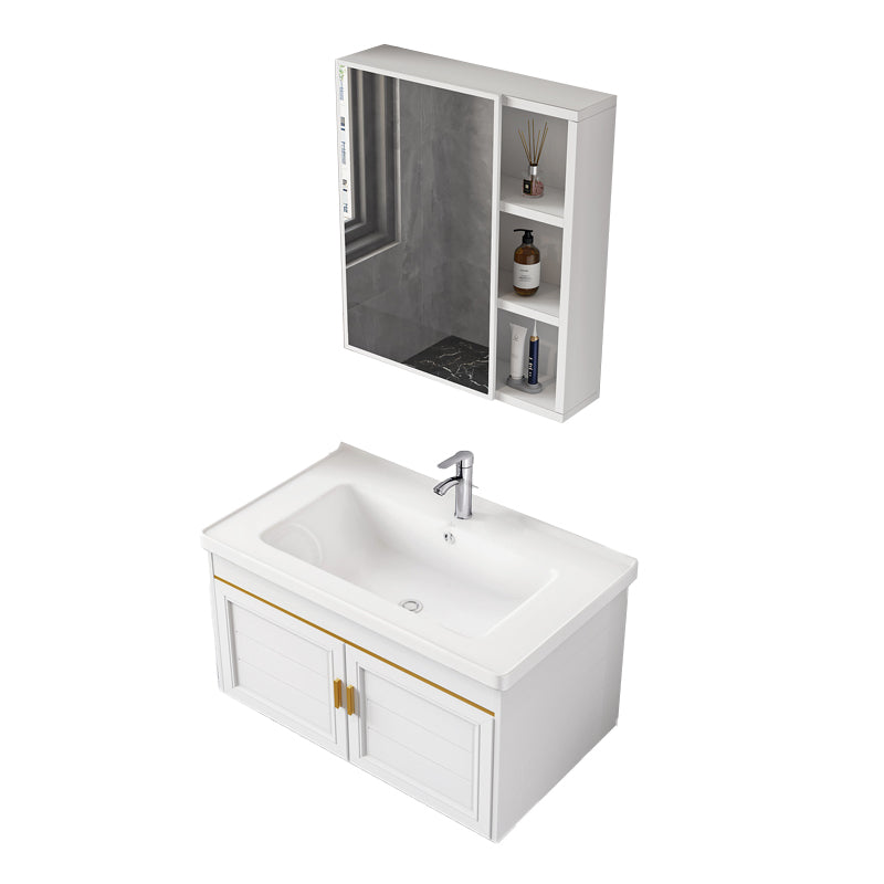 2 Doors Bath Vanity White Mirror Rectangular Single Sink Wall-Mounted Bathroom Vanity Vanity & Faucet & Mirror Cabinet Ceramic Clearhalo 'Bathroom Remodel & Bathroom Fixtures' 'Bathroom Vanities' 'bathroom_vanities' 'Home Improvement' 'home_improvement' 'home_improvement_bathroom_vanities' 7064292