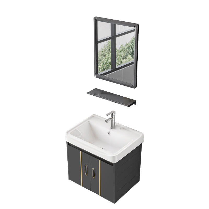 Glam Vanity Wall Mount Single Sink Metal Frame Rectangular Mirror Vanity with 2 Doors Vanity & Faucet & Mirrors Ceramic Clearhalo 'Bathroom Remodel & Bathroom Fixtures' 'Bathroom Vanities' 'bathroom_vanities' 'Home Improvement' 'home_improvement' 'home_improvement_bathroom_vanities' 7064326