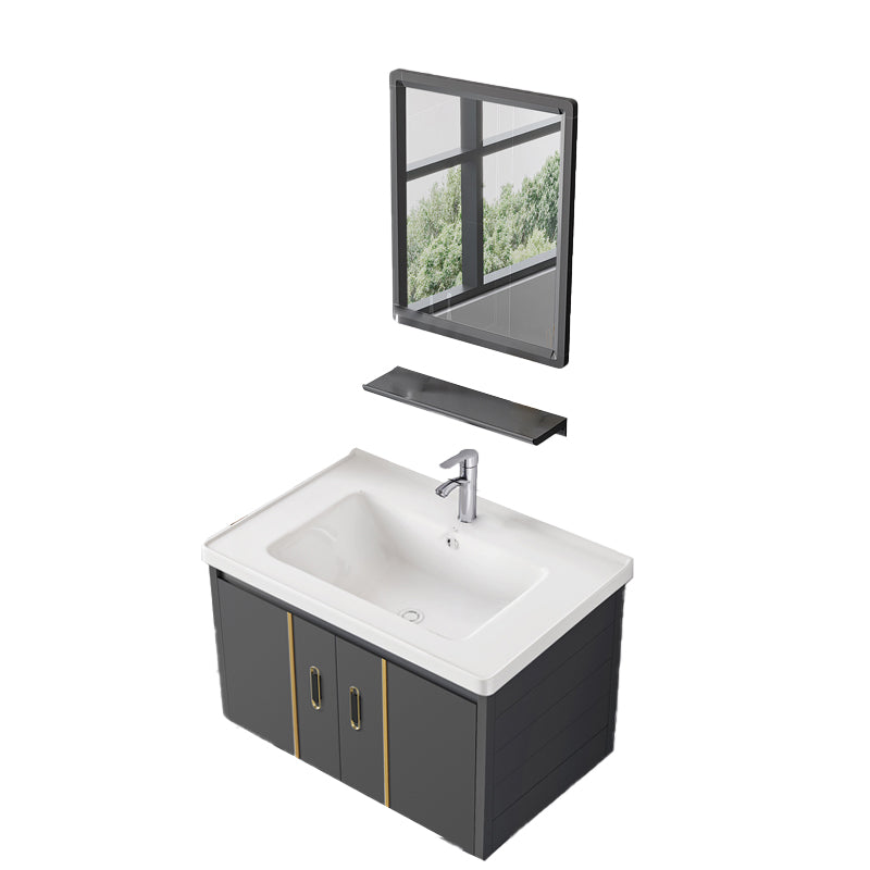 Glam Vanity Wall Mount Single Sink Metal Frame Rectangular Mirror Vanity with 2 Doors Vanity & Faucet & Mirrors Ceramic Clearhalo 'Bathroom Remodel & Bathroom Fixtures' 'Bathroom Vanities' 'bathroom_vanities' 'Home Improvement' 'home_improvement' 'home_improvement_bathroom_vanities' 7064327