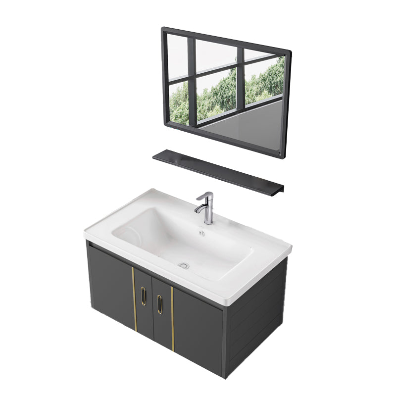 Glam Vanity Wall Mount Single Sink Metal Frame Rectangular Mirror Vanity with 2 Doors Vanity & Faucet & Mirrors 31"L x 19"W x 17"H Ceramic Clearhalo 'Bathroom Remodel & Bathroom Fixtures' 'Bathroom Vanities' 'bathroom_vanities' 'Home Improvement' 'home_improvement' 'home_improvement_bathroom_vanities' 7064329