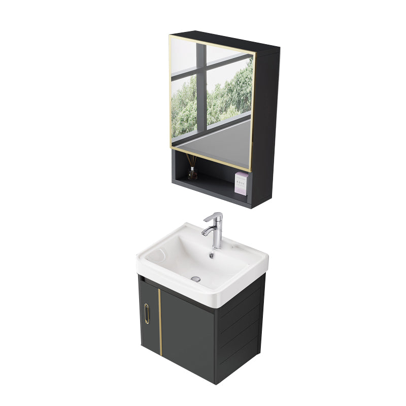 Glam Vanity Wall Mount Single Sink Metal Frame Rectangular Mirror Vanity with 2 Doors Vanity & Faucet & Mirror Cabinet 17"L x 14"W x 17"H Ceramic Clearhalo 'Bathroom Remodel & Bathroom Fixtures' 'Bathroom Vanities' 'bathroom_vanities' 'Home Improvement' 'home_improvement' 'home_improvement_bathroom_vanities' 7064332