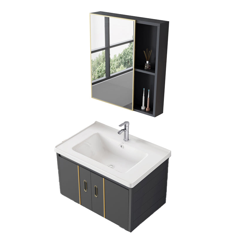 Glam Vanity Wall Mount Single Sink Metal Frame Rectangular Mirror Vanity with 2 Doors Vanity & Faucet & Mirror Cabinet Ceramic Clearhalo 'Bathroom Remodel & Bathroom Fixtures' 'Bathroom Vanities' 'bathroom_vanities' 'Home Improvement' 'home_improvement' 'home_improvement_bathroom_vanities' 7064336