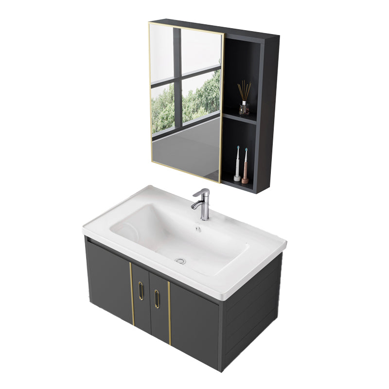 Glam Vanity Wall Mount Single Sink Metal Frame Rectangular Mirror Vanity with 2 Doors Vanity & Faucet & Mirror Cabinet Ceramic Clearhalo 'Bathroom Remodel & Bathroom Fixtures' 'Bathroom Vanities' 'bathroom_vanities' 'Home Improvement' 'home_improvement' 'home_improvement_bathroom_vanities' 7064337