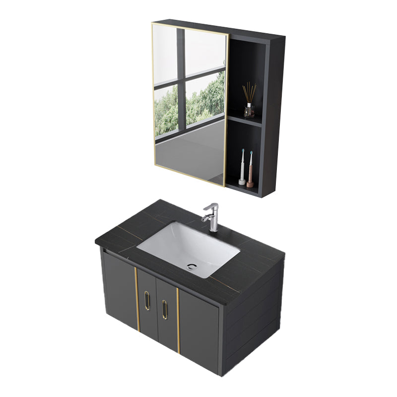 Glam Vanity Wall Mount Single Sink Metal Frame Rectangular Mirror Vanity with 2 Doors Vanity & Faucet & Mirror Cabinet Stone Clearhalo 'Bathroom Remodel & Bathroom Fixtures' 'Bathroom Vanities' 'bathroom_vanities' 'Home Improvement' 'home_improvement' 'home_improvement_bathroom_vanities' 7064339