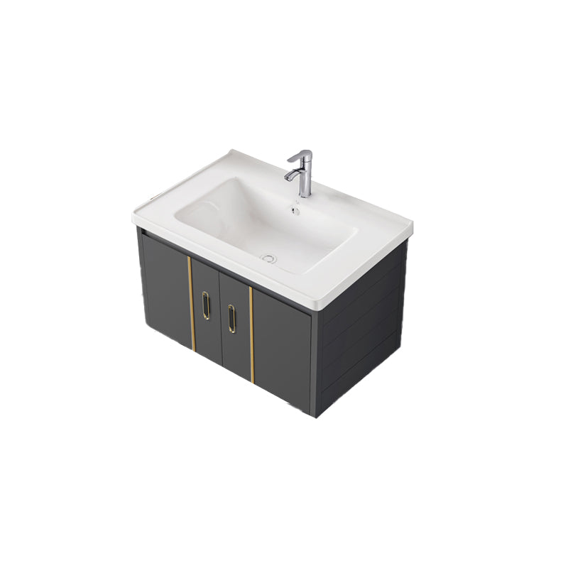 Glam Vanity Wall Mount Single Sink Metal Frame Rectangular Mirror Vanity with 2 Doors Vanity & Faucet Ceramic Clearhalo 'Bathroom Remodel & Bathroom Fixtures' 'Bathroom Vanities' 'bathroom_vanities' 'Home Improvement' 'home_improvement' 'home_improvement_bathroom_vanities' 7064343