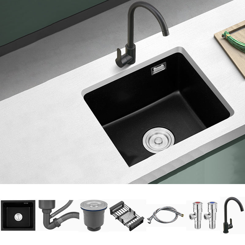 Quartz Kitchen Sink Single Bowl Kitchen Sink with Drain Strainer Kit Sink with Faucet Big Curved Faucet Clearhalo 'Home Improvement' 'home_improvement' 'home_improvement_kitchen_sinks' 'Kitchen Remodel & Kitchen Fixtures' 'Kitchen Sinks & Faucet Components' 'Kitchen Sinks' 'kitchen_sinks' 7079145