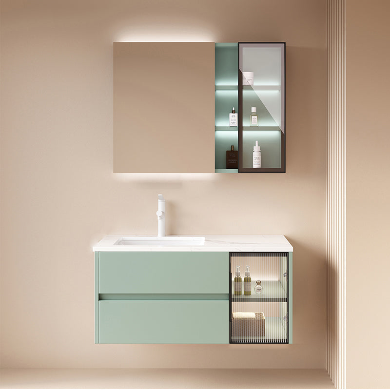 Wall Mounted Bath Vanity Mirror Single Sink Rectangular Bathroom Vanity with 2 Drawers Vanity & Faucet & Smart Medicine Cabinet 35"L x 20"W x 20"H Green Clearhalo 'Bathroom Remodel & Bathroom Fixtures' 'Bathroom Vanities' 'bathroom_vanities' 'Home Improvement' 'home_improvement' 'home_improvement_bathroom_vanities' 7079583