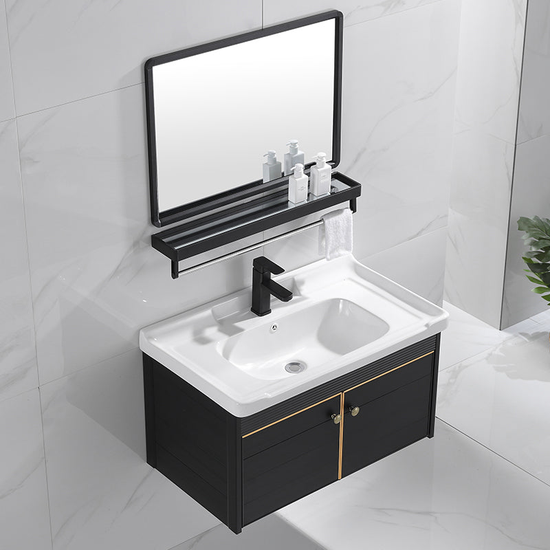 Modern Vanity Set Wall-mounted Ceramic Sink Black Faucet Vanity with Mirror Vanity & Faucet & Mirrors 27.6"L x 18.5"W x 18.9"H Clearhalo 'Bathroom Remodel & Bathroom Fixtures' 'Bathroom Vanities' 'bathroom_vanities' 'Home Improvement' 'home_improvement' 'home_improvement_bathroom_vanities' 7079708