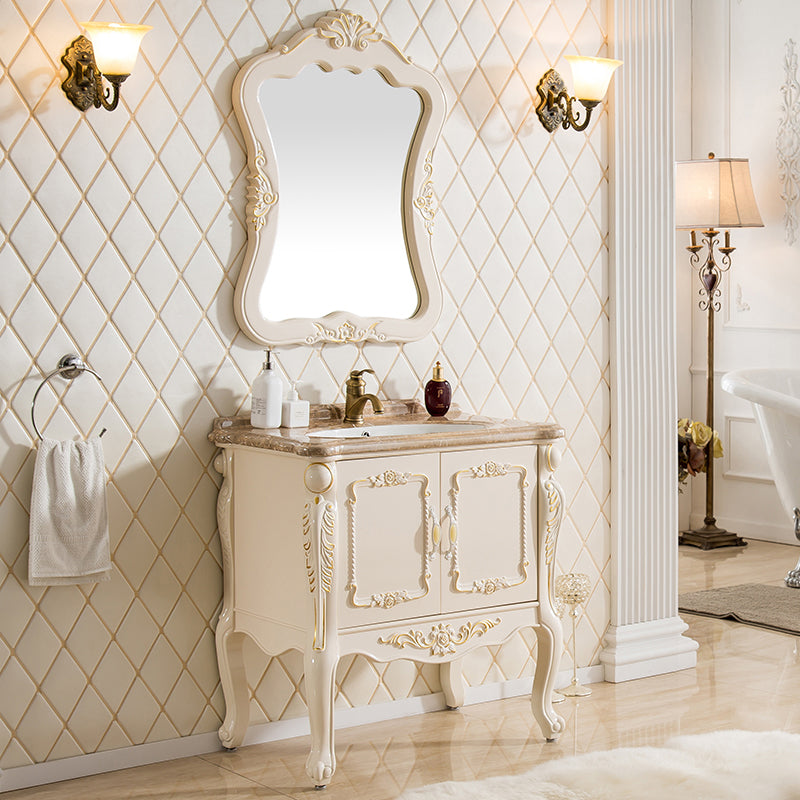 Mirror Vanity White 2 Doors Freestanding PVC Frame Oval Single Sink Bathroom Vanity Clearhalo 'Bathroom Remodel & Bathroom Fixtures' 'Bathroom Vanities' 'bathroom_vanities' 'Home Improvement' 'home_improvement' 'home_improvement_bathroom_vanities' 7079893