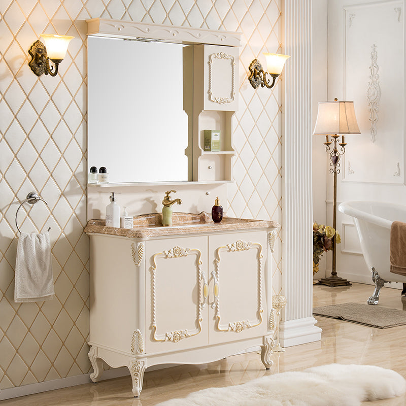 Mirror Vanity White 2 Doors Freestanding PVC Frame Oval Single Sink Bathroom Vanity Vanity & Faucet & Mirror Cabinet 31"L x 20"W x 33"H Drawer Not Included Clearhalo 'Bathroom Remodel & Bathroom Fixtures' 'Bathroom Vanities' 'bathroom_vanities' 'Home Improvement' 'home_improvement' 'home_improvement_bathroom_vanities' 7079894