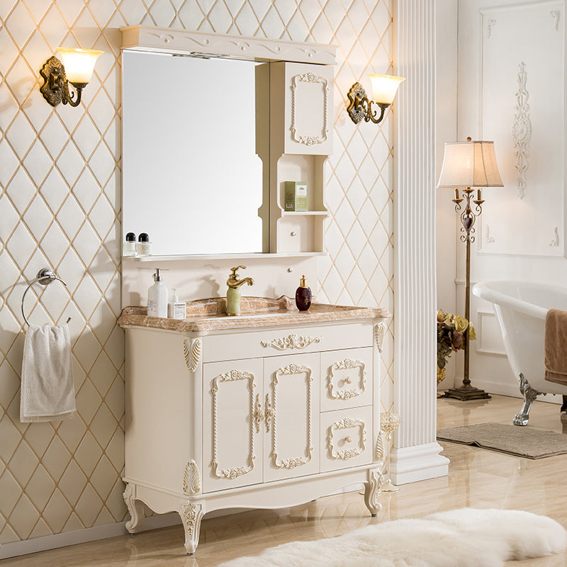 Mirror Vanity White 2 Doors Freestanding PVC Frame Oval Single Sink Bathroom Vanity Vanity & Faucet & Mirror Cabinet 2 Clearhalo 'Bathroom Remodel & Bathroom Fixtures' 'Bathroom Vanities' 'bathroom_vanities' 'Home Improvement' 'home_improvement' 'home_improvement_bathroom_vanities' 7079896