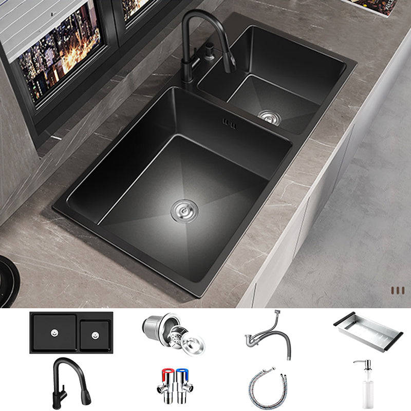 Contemporary Style Kitchen Sink Stainless Steel Drop-In Kitchen Double Sink Sink with Faucet Pull Out Faucet Clearhalo 'Home Improvement' 'home_improvement' 'home_improvement_kitchen_sinks' 'Kitchen Remodel & Kitchen Fixtures' 'Kitchen Sinks & Faucet Components' 'Kitchen Sinks' 'kitchen_sinks' 7110881