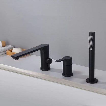 Modern Swivel Bathroom Faucet Low Arc Deck Mounted Bathtub Faucet Black Round Faucet 3 Hole Faucets Clearhalo 'Bathroom Remodel & Bathroom Fixtures' 'Bathtub Faucets' 'bathtub_faucets' 'Home Improvement' 'home_improvement' 'home_improvement_bathtub_faucets' 7111520