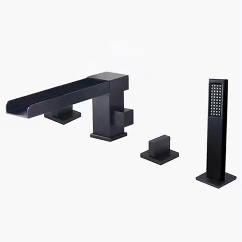 Modern Swivel Bathroom Faucet Low Arc Deck Mounted Bathtub Faucet Black Waterfall Faucet 4 Hole Faucets Clearhalo 'Bathroom Remodel & Bathroom Fixtures' 'Bathtub Faucets' 'bathtub_faucets' 'Home Improvement' 'home_improvement' 'home_improvement_bathtub_faucets' 7111524