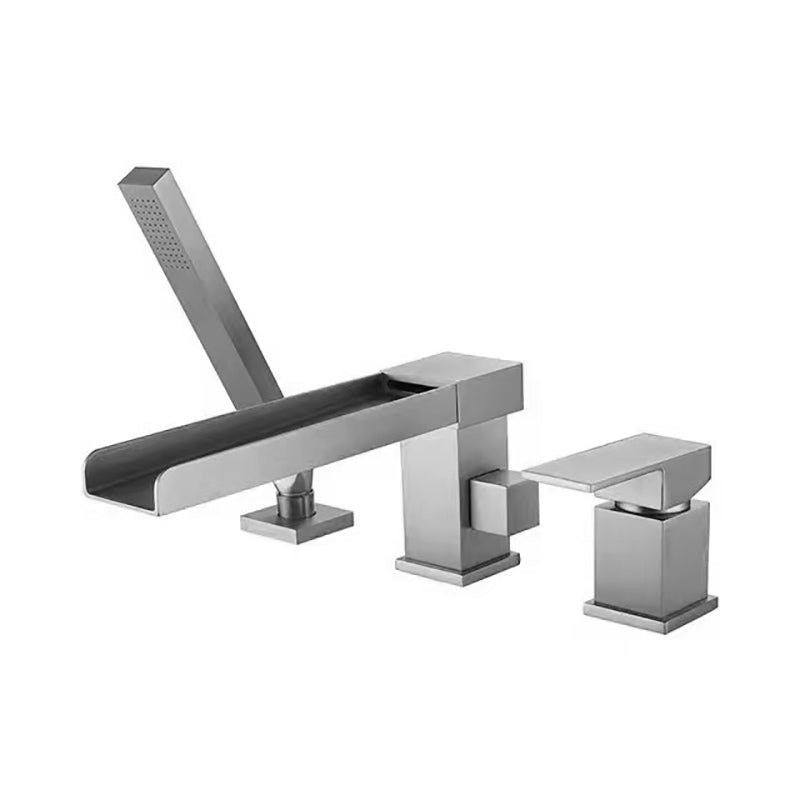 Modern Swivel Bathroom Faucet Low Arc Deck Mounted Bathtub Faucet Grey Waterfall Faucet 3 Hole Faucets Clearhalo 'Bathroom Remodel & Bathroom Fixtures' 'Bathtub Faucets' 'bathtub_faucets' 'Home Improvement' 'home_improvement' 'home_improvement_bathtub_faucets' 7111542