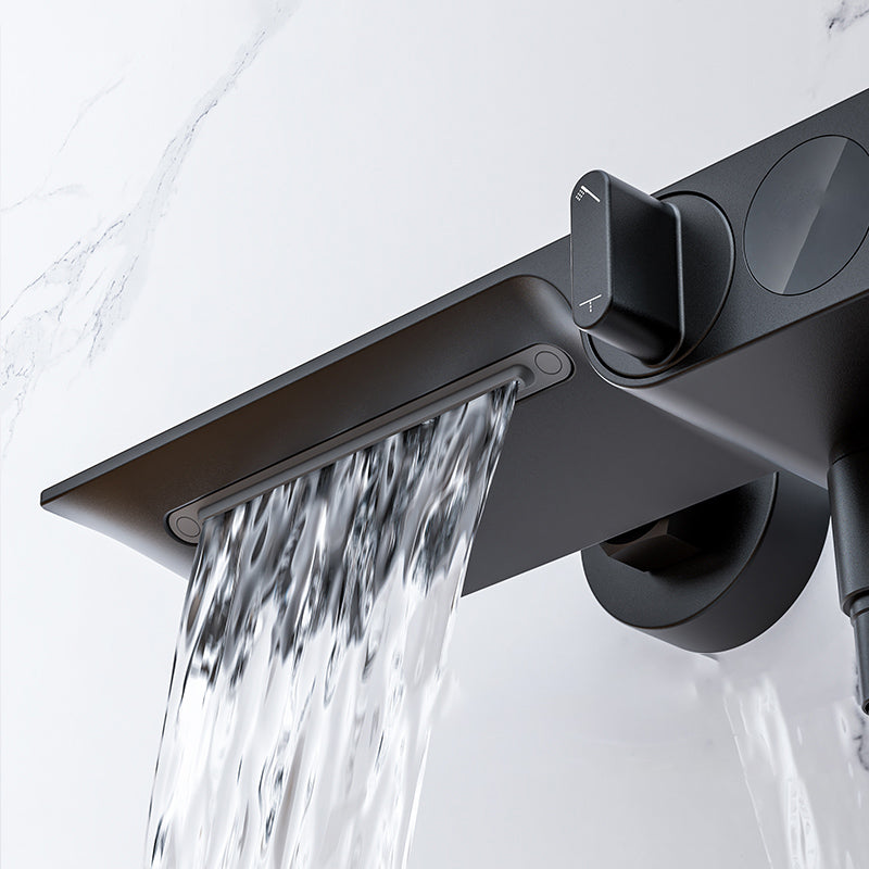 Modern Low Arc Tub Faucet Knob Handles Wall Mount Bathroom Faucet Clearhalo 'Bathroom Remodel & Bathroom Fixtures' 'Bathtub Faucets' 'bathtub_faucets' 'Home Improvement' 'home_improvement' 'home_improvement_bathtub_faucets' 7111585