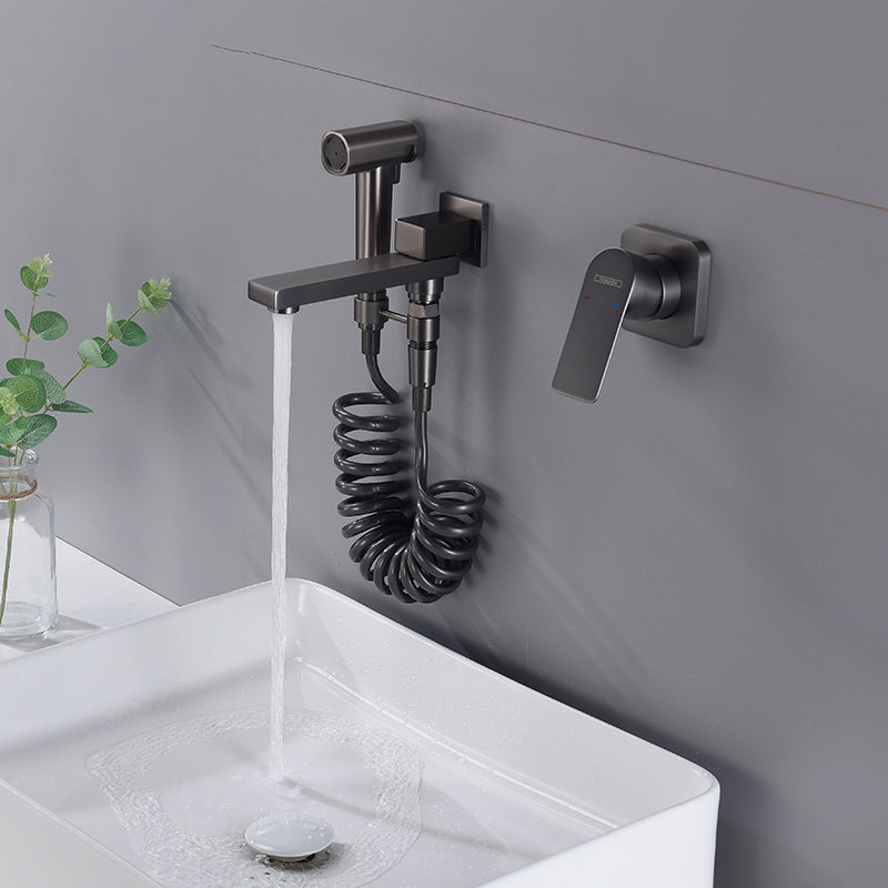 Contemporary Bathtub Faucet Solid Color Low Arc Wall Mounted Bathroom Faucet Spray Gun Shower Clearhalo 'Bathroom Remodel & Bathroom Fixtures' 'Bathtub Faucets' 'bathtub_faucets' 'Home Improvement' 'home_improvement' 'home_improvement_bathtub_faucets' 7111598