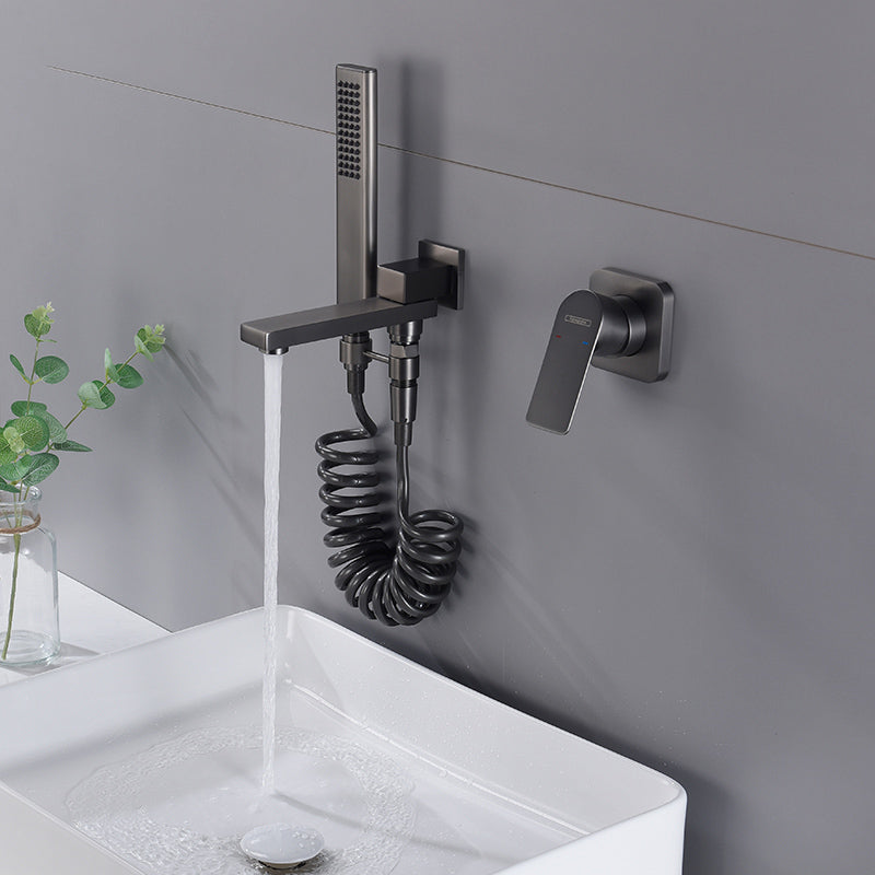 Contemporary Bathtub Faucet Solid Color Low Arc Wall Mounted Bathroom Faucet Shower Head Clearhalo 'Bathroom Remodel & Bathroom Fixtures' 'Bathtub Faucets' 'bathtub_faucets' 'Home Improvement' 'home_improvement' 'home_improvement_bathtub_faucets' 7111599