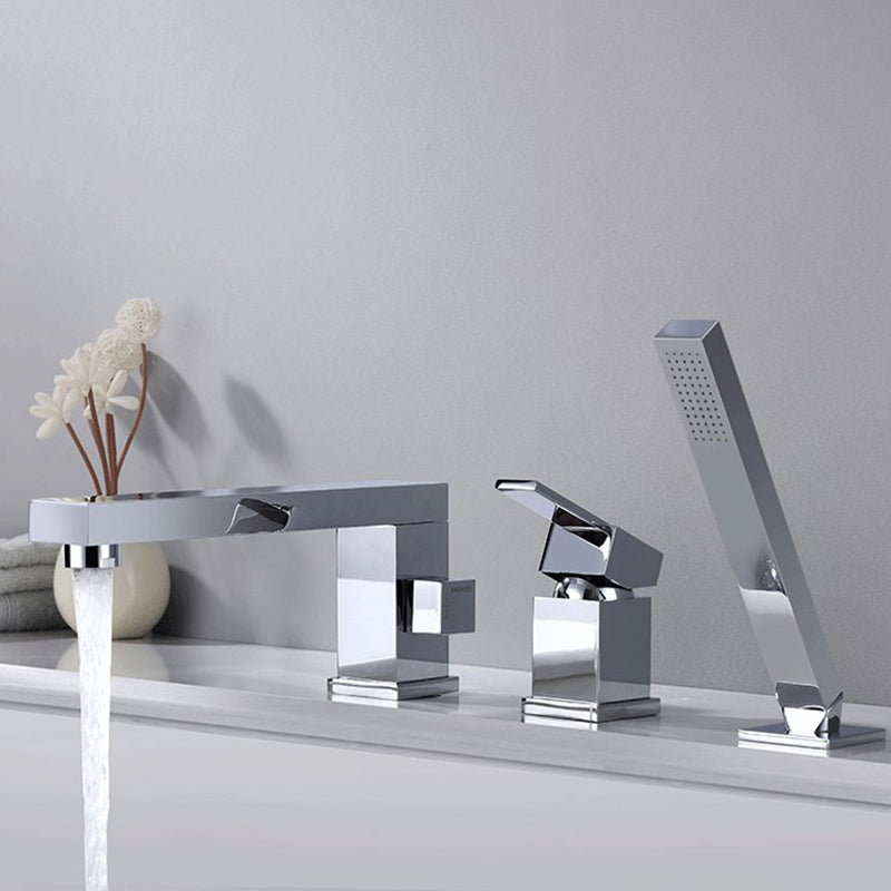 Modern Bathtub Faucet Solid Color Deck Mount Roman Tub Faucets Silver Square Faucet 3 Hole Faucets Clearhalo 'Bathroom Remodel & Bathroom Fixtures' 'Bathtub Faucets' 'bathtub_faucets' 'Home Improvement' 'home_improvement' 'home_improvement_bathtub_faucets' 7111669