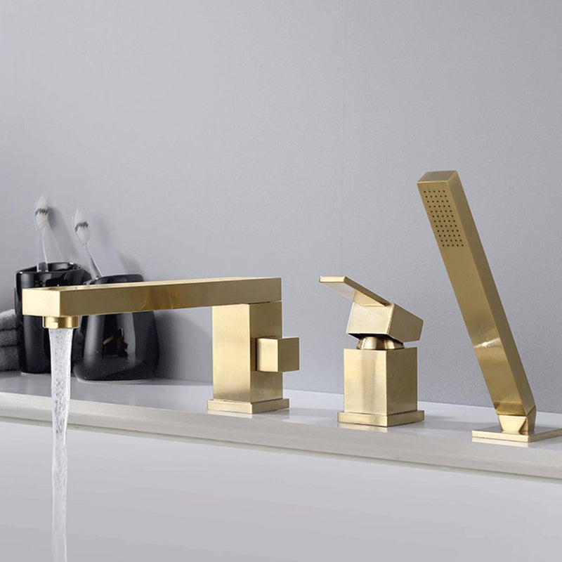 Modern Bathtub Faucet Solid Color Deck Mount Roman Tub Faucets Gold Square Faucet 3 Hole Faucets Clearhalo 'Bathroom Remodel & Bathroom Fixtures' 'Bathtub Faucets' 'bathtub_faucets' 'Home Improvement' 'home_improvement' 'home_improvement_bathtub_faucets' 7111679