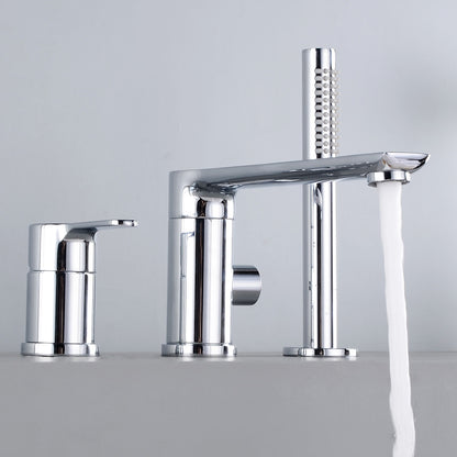 Modern Roman Tub Faucets Solid Color Deck Mounted Bathroom Faucet Chrome 3 Hole Faucets Clearhalo 'Bathroom Remodel & Bathroom Fixtures' 'Bathtub Faucets' 'bathtub_faucets' 'Home Improvement' 'home_improvement' 'home_improvement_bathtub_faucets' 7111686