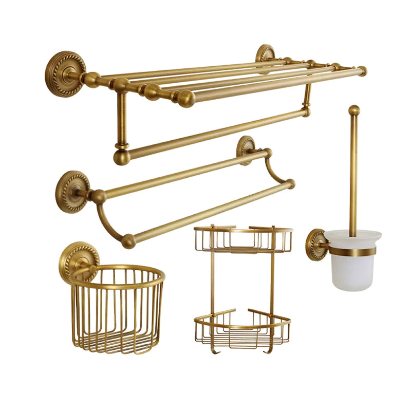 Brass Traditional Bathroom Accessory Set Vintage Bronze Bath Shelf/Towel Bar/Robe Hook 5 piece Set Clearhalo 'Bathroom Hardware Sets' 'Bathroom Hardware' 'Bathroom Remodel & Bathroom Fixtures' 'bathroom_hardware_sets' 'Home Improvement' 'home_improvement' 'home_improvement_bathroom_hardware_sets' 7115938