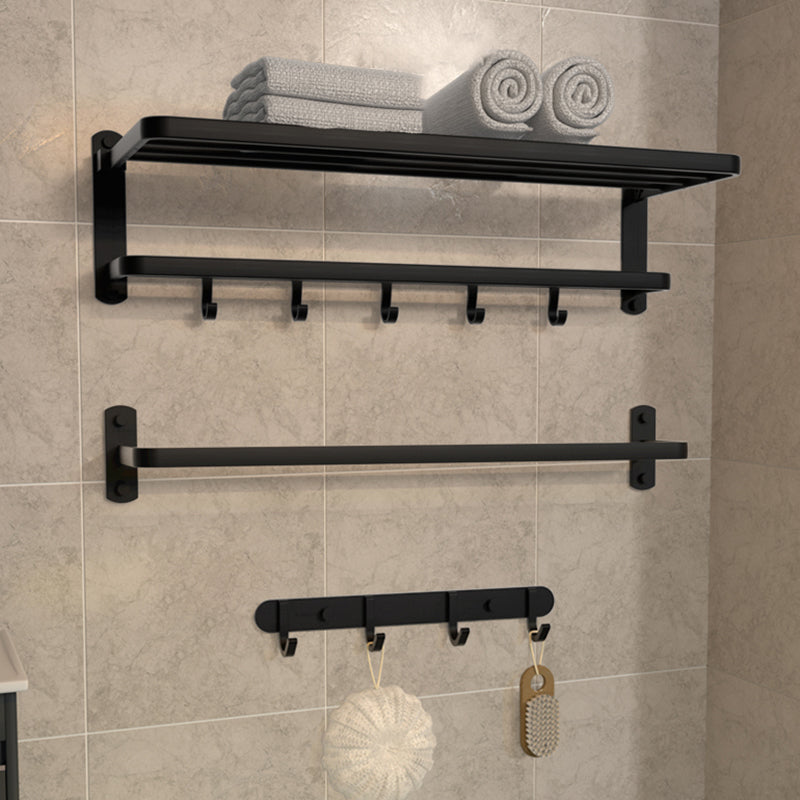 Modern Matte Black Bathroom Accessory Set with Towel Bar/Bath Shelf & Robe Hooks Black 3-Piece Set (Row Hook) Clearhalo 'Bathroom Hardware Sets' 'Bathroom Hardware' 'Bathroom Remodel & Bathroom Fixtures' 'bathroom_hardware_sets' 'Home Improvement' 'home_improvement' 'home_improvement_bathroom_hardware_sets' 7116034