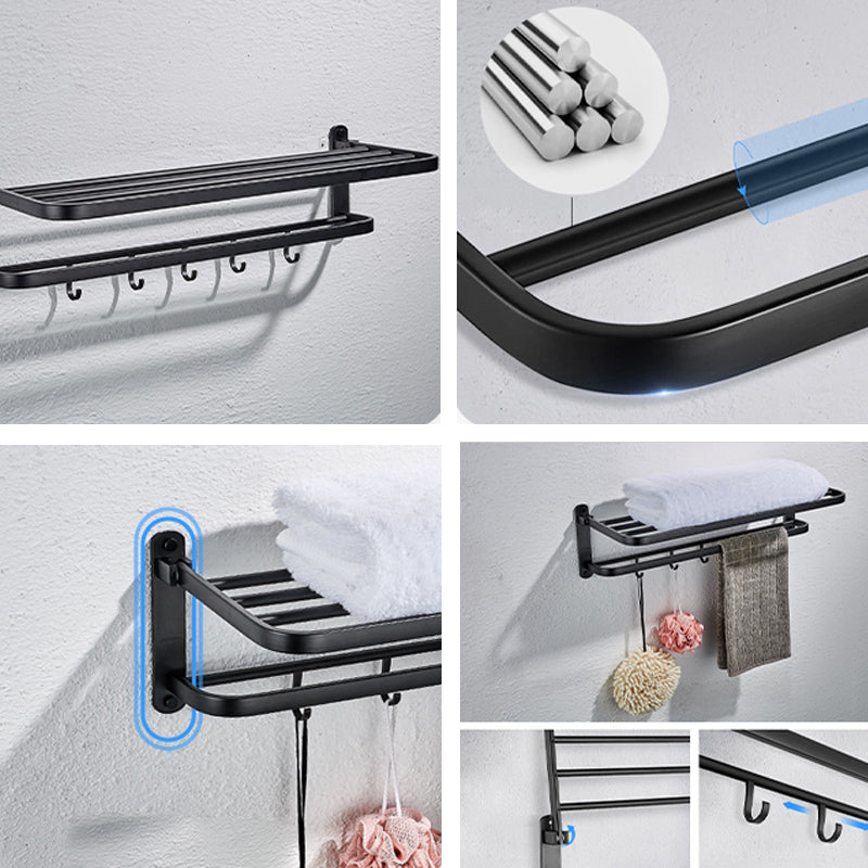 Modern Matte Black Bathroom Accessory Set with Towel Bar/Bath Shelf & Robe Hooks Clearhalo 'Bathroom Hardware Sets' 'Bathroom Hardware' 'Bathroom Remodel & Bathroom Fixtures' 'bathroom_hardware_sets' 'Home Improvement' 'home_improvement' 'home_improvement_bathroom_hardware_sets' 7116036