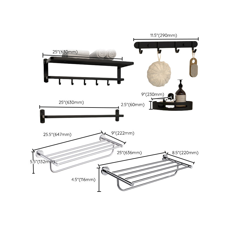 Modern Matte Black Bathroom Accessory Set with Towel Bar/Bath Shelf & Robe Hooks Clearhalo 'Bathroom Hardware Sets' 'Bathroom Hardware' 'Bathroom Remodel & Bathroom Fixtures' 'bathroom_hardware_sets' 'Home Improvement' 'home_improvement' 'home_improvement_bathroom_hardware_sets' 7116043