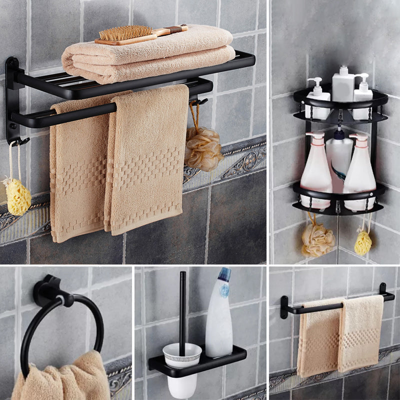 Modern Bathroom Accessories Hardware Set Black Accessories Hardware Set 5-Piece Set (Towel Ring) Clearhalo 'Bathroom Hardware Sets' 'Bathroom Hardware' 'Bathroom Remodel & Bathroom Fixtures' 'bathroom_hardware_sets' 'Home Improvement' 'home_improvement' 'home_improvement_bathroom_hardware_sets' 7116153