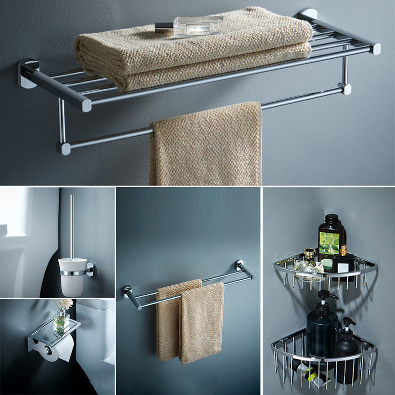 Modern Bathroom Accessory Kit Silver Bathroom Accessories Hardware Set 6-Piece Set (Triangular Bath Shelf) Clearhalo 'Bathroom Hardware Sets' 'Bathroom Hardware' 'Bathroom Remodel & Bathroom Fixtures' 'bathroom_hardware_sets' 'Home Improvement' 'home_improvement' 'home_improvement_bathroom_hardware_sets' 7116231