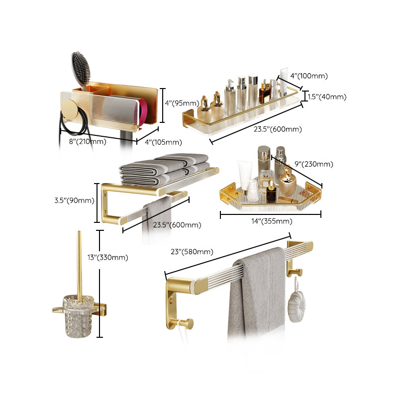 Modern Bathroom Accessory Set in Gold Metal and Acrylic Bath Hardware Set Clearhalo 'Bathroom Hardware Sets' 'Bathroom Hardware' 'Bathroom Remodel & Bathroom Fixtures' 'bathroom_hardware_sets' 'Home Improvement' 'home_improvement' 'home_improvement_bathroom_hardware_sets' 7116314