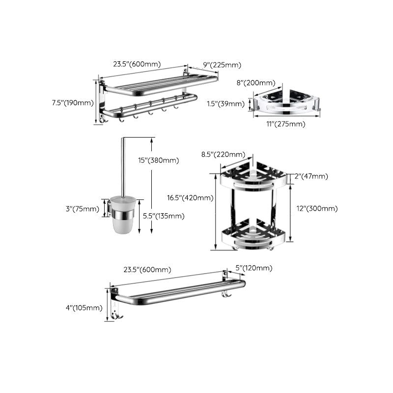 Contemporary Bathroom Accessories Hardware Set in Silver with Towel Bar Clearhalo 'Bathroom Hardware Sets' 'Bathroom Hardware' 'Bathroom Remodel & Bathroom Fixtures' 'bathroom_hardware_sets' 'Home Improvement' 'home_improvement' 'home_improvement_bathroom_hardware_sets' 7116394