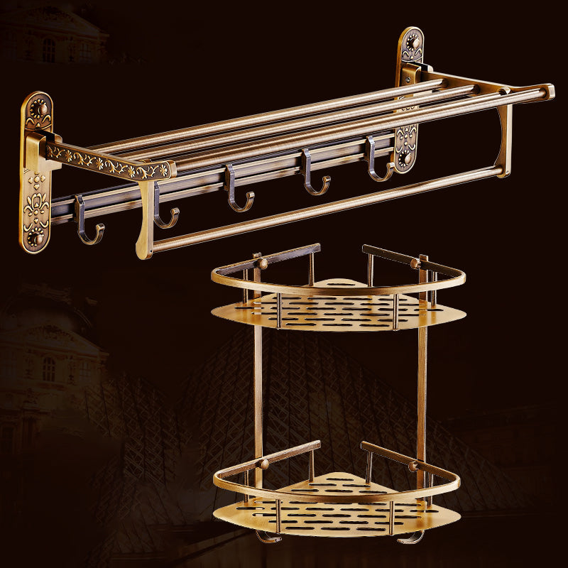 Traditional Bathroom Accessories Hardware Set Brass Bathroom Hardware Foldable Towel Rack + Double Triangular Bathroom Shelf Clearhalo 'Bathroom Hardware Sets' 'Bathroom Hardware' 'Bathroom Remodel & Bathroom Fixtures' 'bathroom_hardware_sets' 'Home Improvement' 'home_improvement' 'home_improvement_bathroom_hardware_sets' 7116529