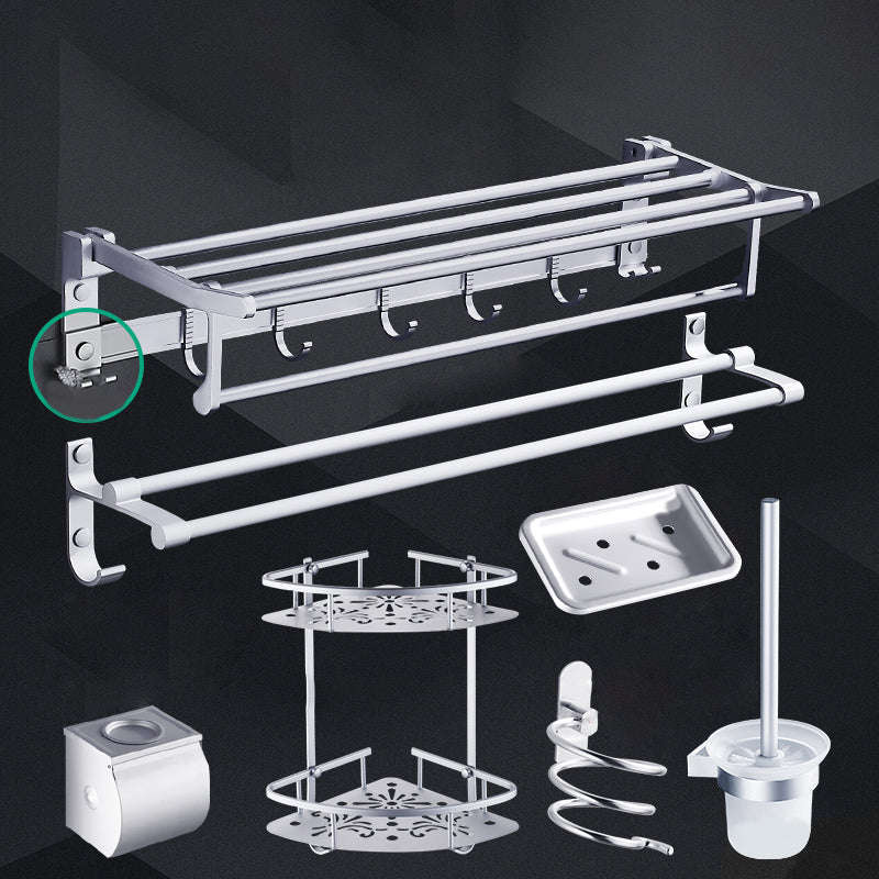 Contemporary Metal Bathroom Accessories Hardware Set with Bath Shelf Silver 7-Piece Set Clearhalo 'Bathroom Hardware Sets' 'Bathroom Hardware' 'Bathroom Remodel & Bathroom Fixtures' 'bathroom_hardware_sets' 'Home Improvement' 'home_improvement' 'home_improvement_bathroom_hardware_sets' 7116681