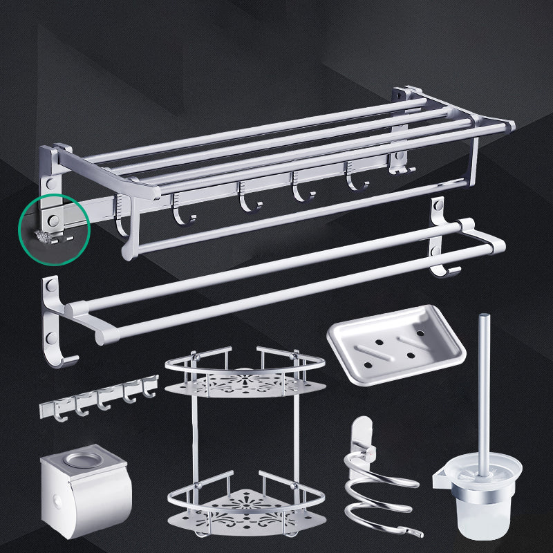 Contemporary Metal Bathroom Accessories Hardware Set with Bath Shelf Silver 8-Piece Set Clearhalo 'Bathroom Hardware Sets' 'Bathroom Hardware' 'Bathroom Remodel & Bathroom Fixtures' 'bathroom_hardware_sets' 'Home Improvement' 'home_improvement' 'home_improvement_bathroom_hardware_sets' 7116682