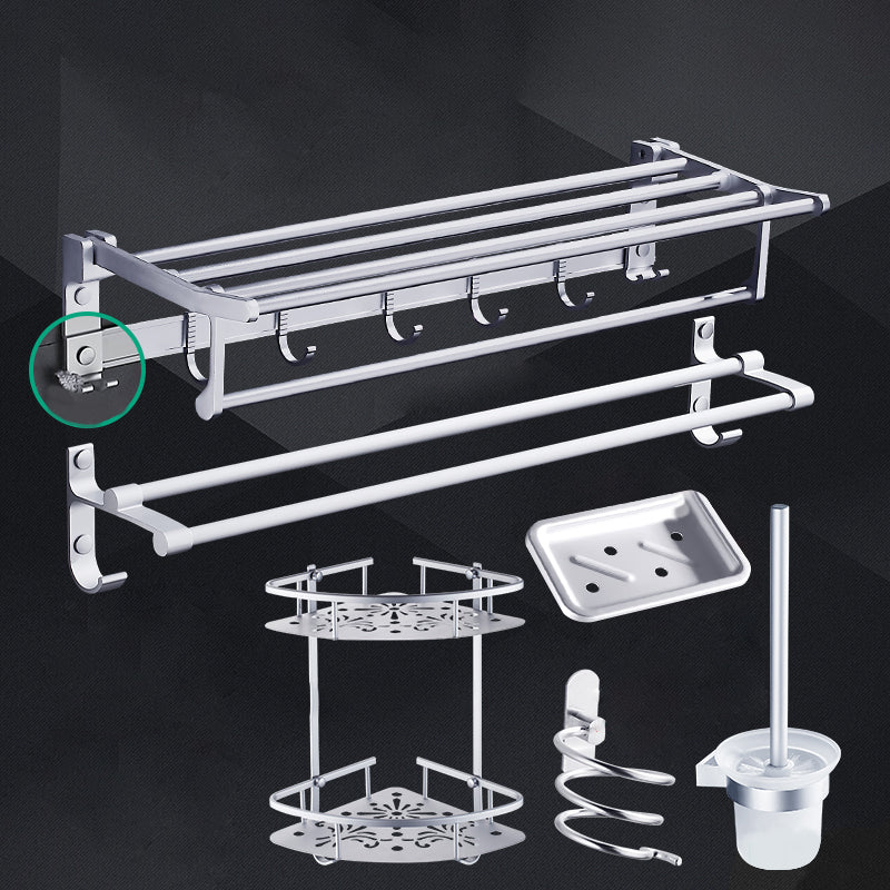 Contemporary Metal Bathroom Accessories Hardware Set with Bath Shelf Silver 6-Piece Set Clearhalo 'Bathroom Hardware Sets' 'Bathroom Hardware' 'Bathroom Remodel & Bathroom Fixtures' 'bathroom_hardware_sets' 'Home Improvement' 'home_improvement' 'home_improvement_bathroom_hardware_sets' 7116684