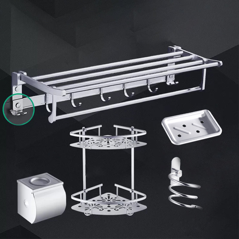 Contemporary Metal Bathroom Accessories Hardware Set with Bath Shelf Silver 5 piece Set Clearhalo 'Bathroom Hardware Sets' 'Bathroom Hardware' 'Bathroom Remodel & Bathroom Fixtures' 'bathroom_hardware_sets' 'Home Improvement' 'home_improvement' 'home_improvement_bathroom_hardware_sets' 7116686