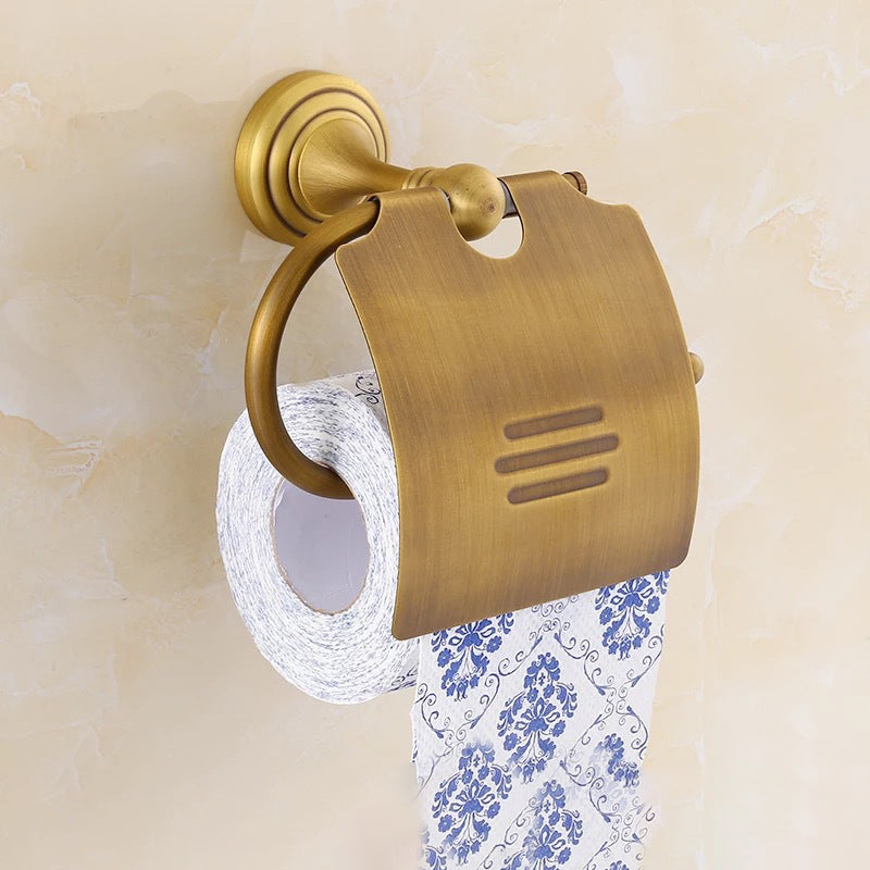 4-Piece Traditional Bathroom Accessory Set Gold Brass Bathroom Accessories Hardware Set Toilet Paper Holder Clearhalo 'Bathroom Hardware Sets' 'Bathroom Hardware' 'Bathroom Remodel & Bathroom Fixtures' 'bathroom_hardware_sets' 'Home Improvement' 'home_improvement' 'home_improvement_bathroom_hardware_sets' 7117105